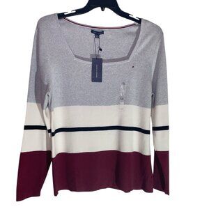 Tommy Hilfiger Gray and Burgundy Striped Square neck Long Sleeve Top sz XXL